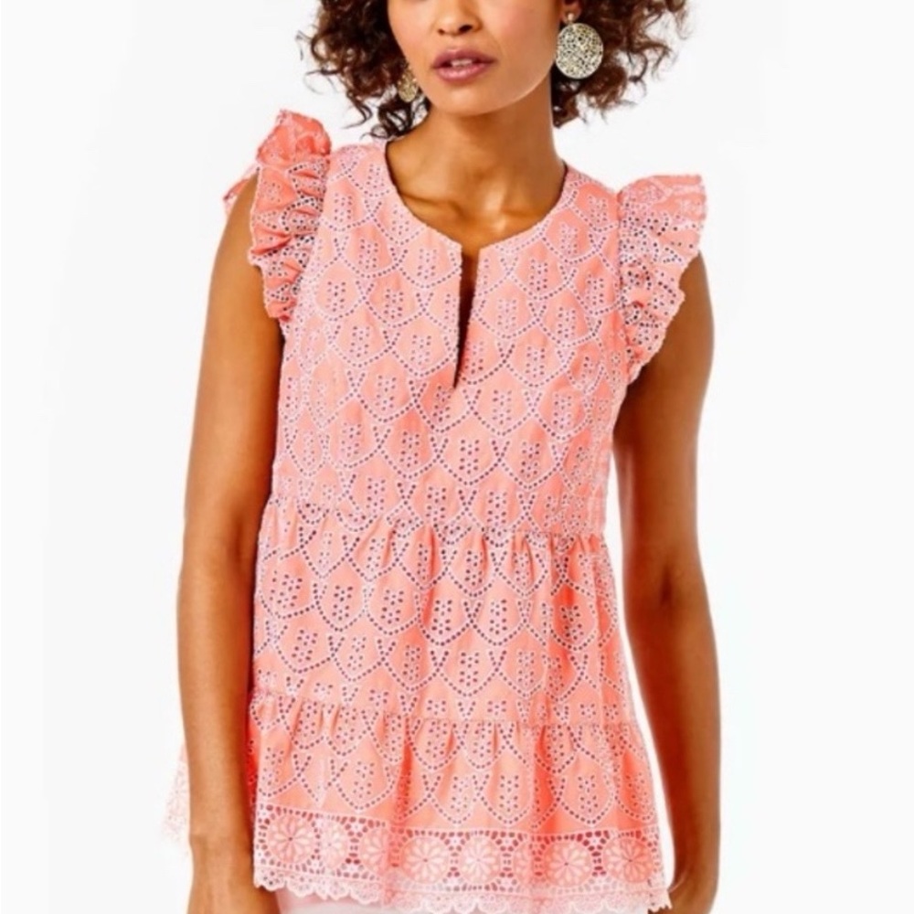 Lilly Pulitzer Keila Eyelet Top Peach Hyacinth Ruffle Peplum Size 12